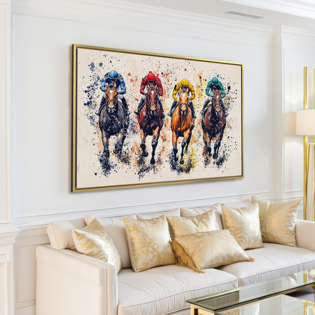 Canvas Print of a horse race in watercolor style, featuring a vibrant color palette of blues, reds, yellows, and greens, perfect for modern decor.
