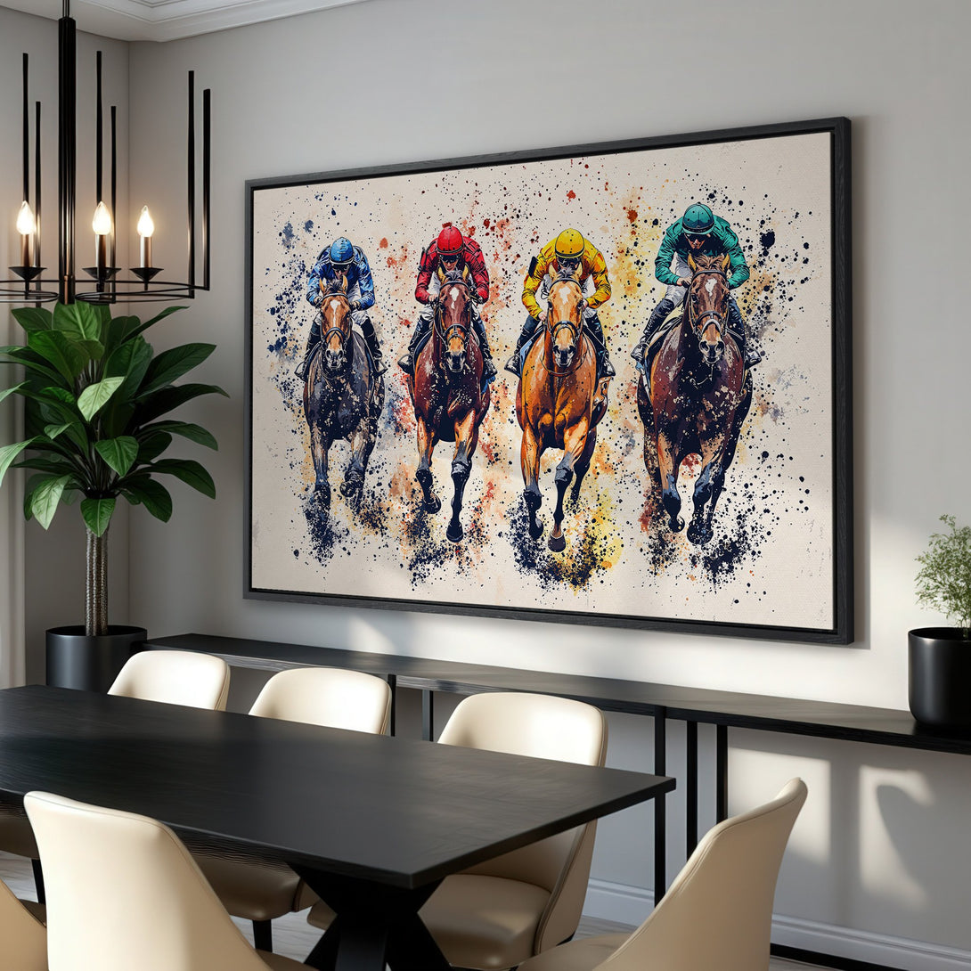 Framed Wall Art: Dynamic horse racing scene in watercolor style. Vibrant colors on a neutral background. Perfect for modern home decor.