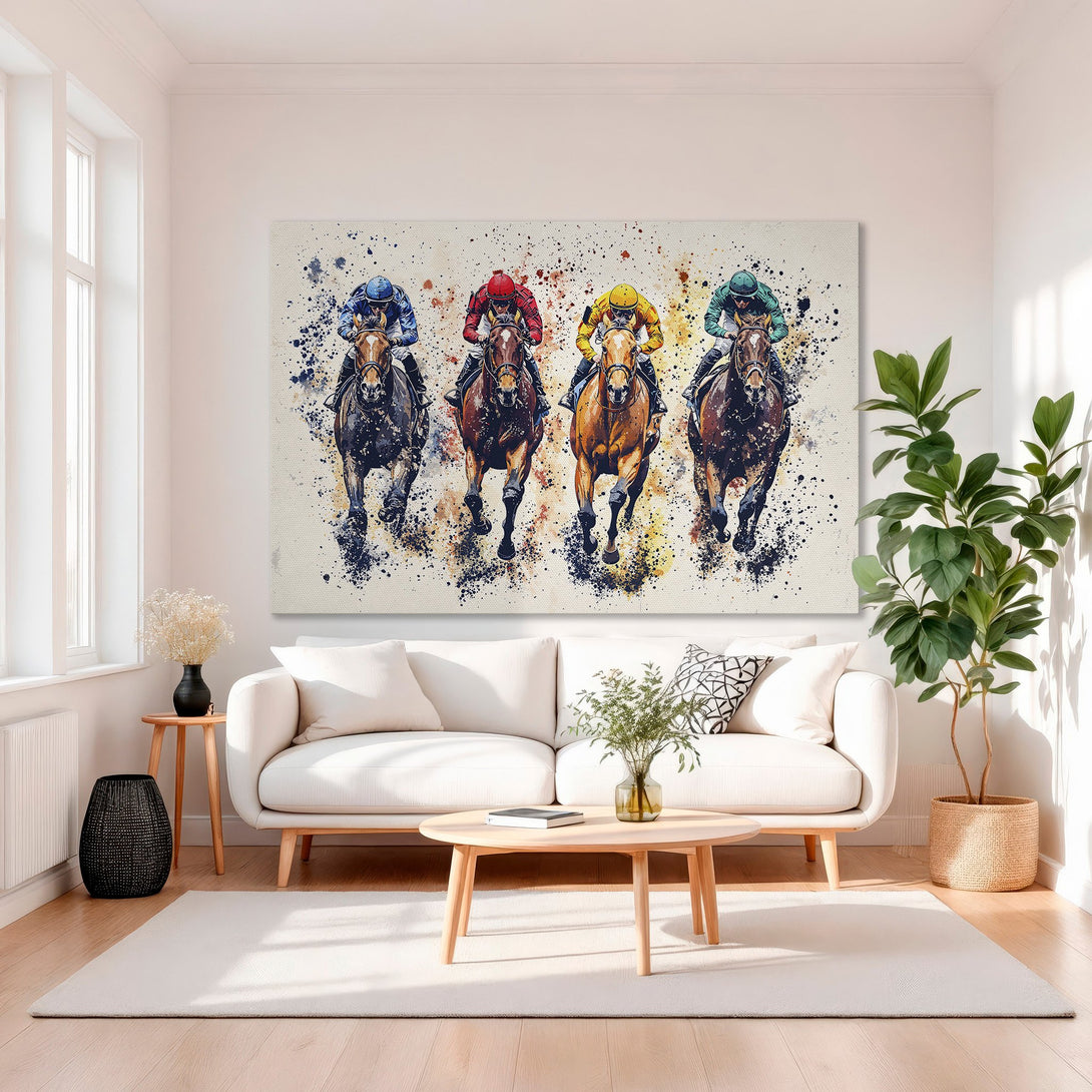 Framed Wall Art: Watercolor painting of racehorses in action. Vibrant colors on a neutral background. Perfect for adding a touch of art to your home.