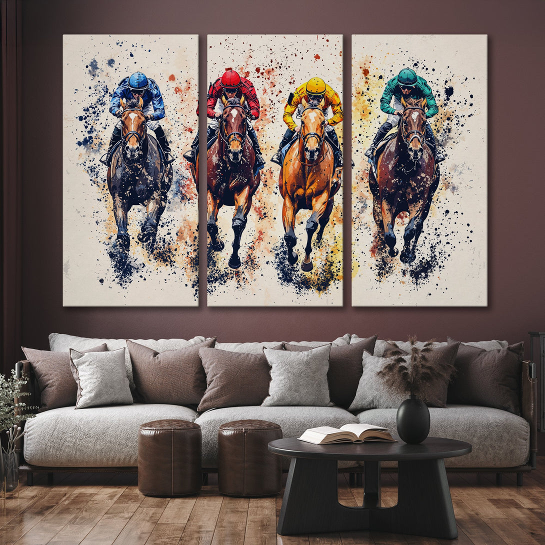 Canvas Print of racing horses in watercolor style. Vibrant colors and dynamic art for your home decor.