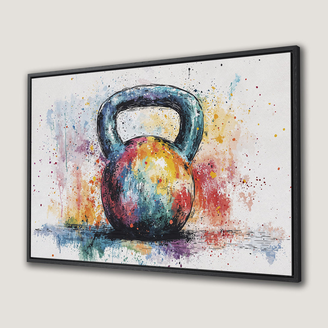 Framed Wall Art: Colorful watercolor kettlebell art. Vibrant fitness decor with a rainbow palette of blues, oranges, and reds. Perfect for gym or home workout spaces.