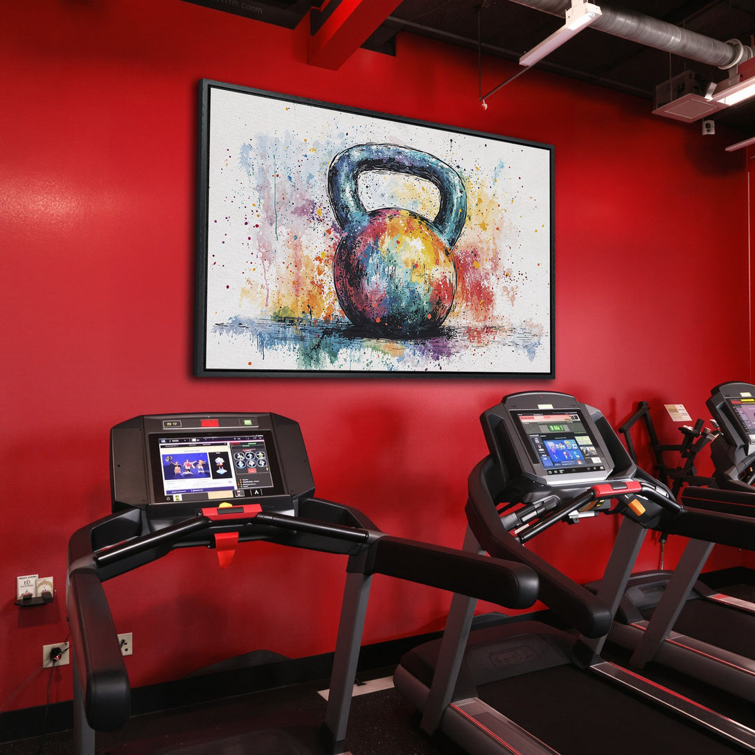 Framed Wall Art: Colorful watercolor kettlebell art in a gym setting. Vibrant, abstract style with reds, blues, and yellows. Perfect for fitness enthusiasts!