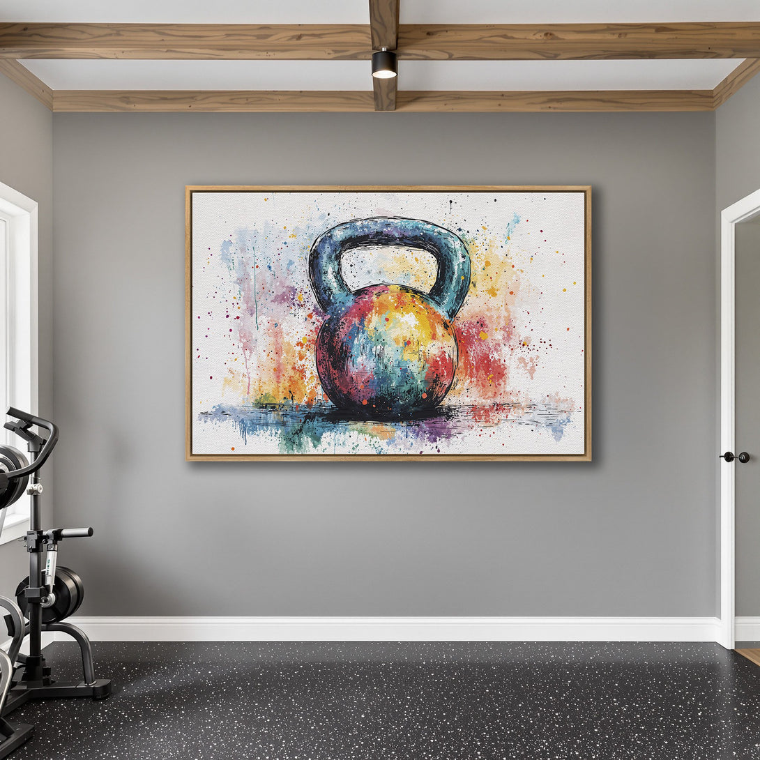 Framed Wall Art featuring a colorful watercolor kettlebell painting. Modern fitness decor with vibrant hues of blue, orange, and green. Perfect for a home gym!