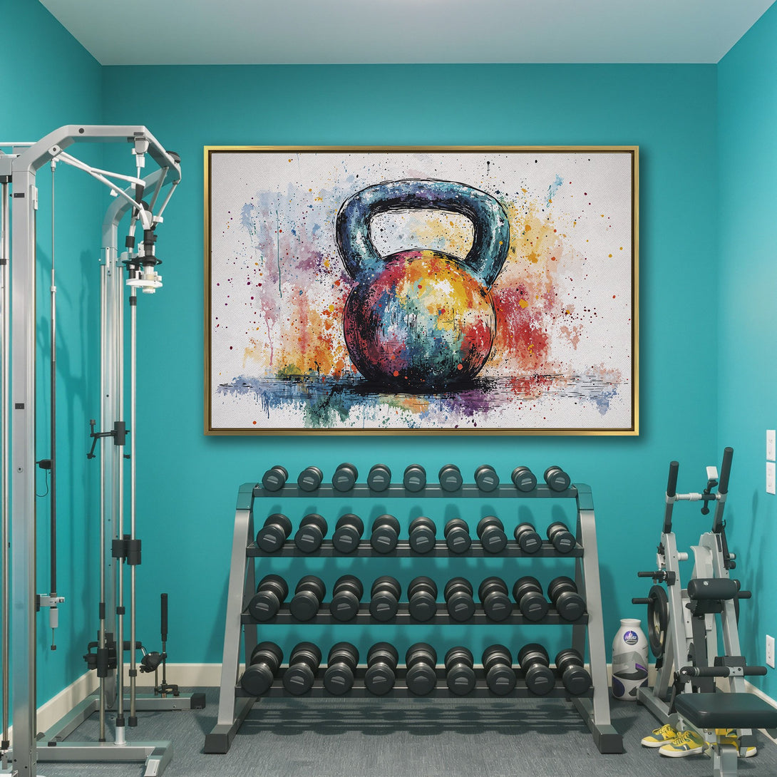 Canvas Print of a colorful watercolor kettlebell, perfect gym wall art. Vibrant, abstract style with a rainbow color palette.