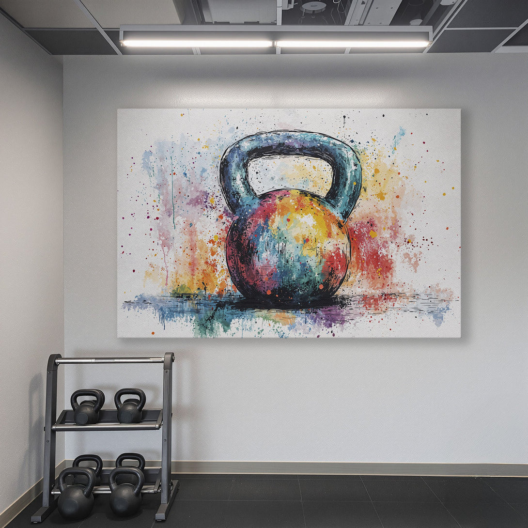 Framed Wall Art: Vibrant watercolor kettlebell print in a modern gym. Colorful abstract art with a gold frame, perfect for home fitness spaces.
