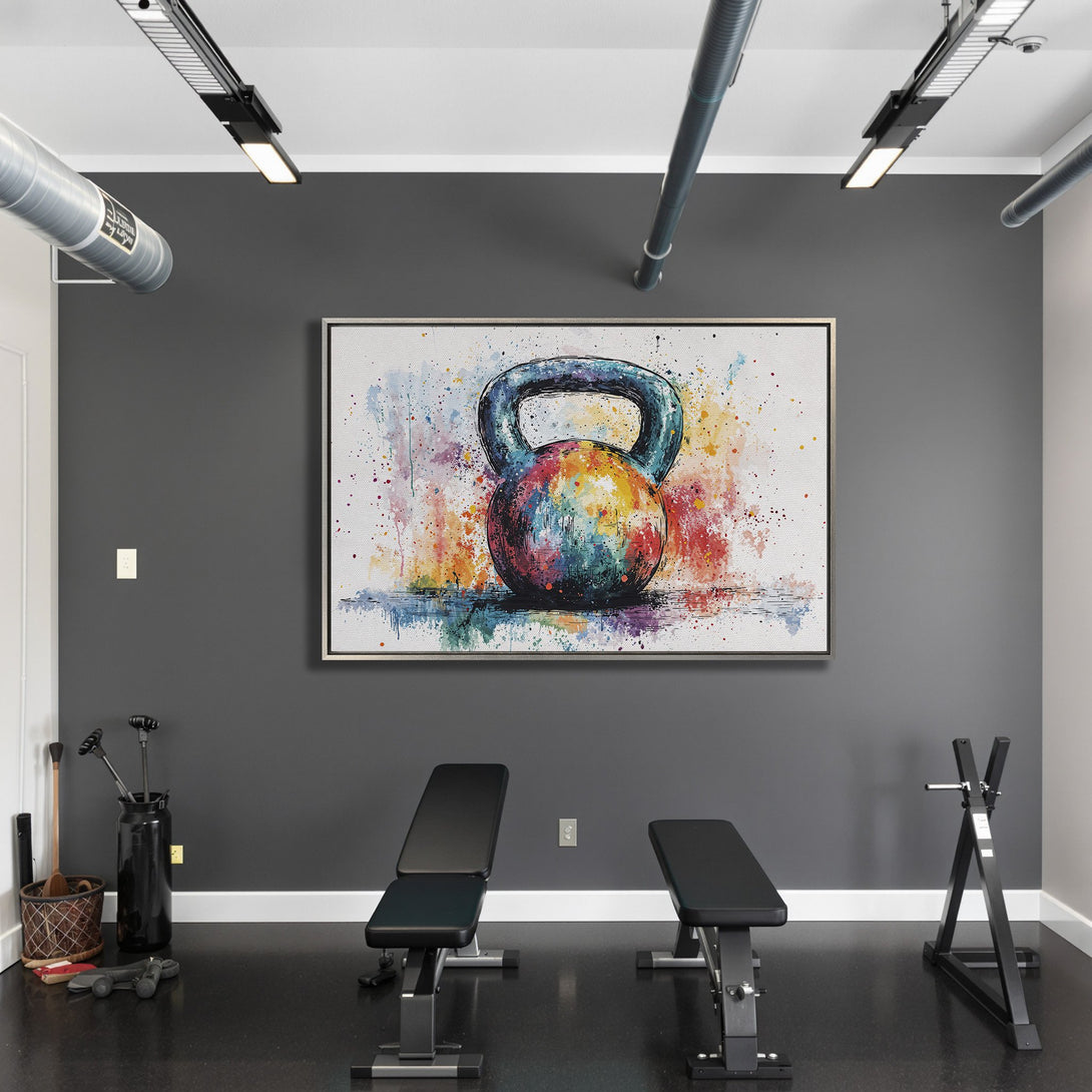 Framed Wall Art: Colorful watercolor kettlebell print adds a pop of art to your home gym. Modern style with vibrant rainbow hues. Elevate your space!