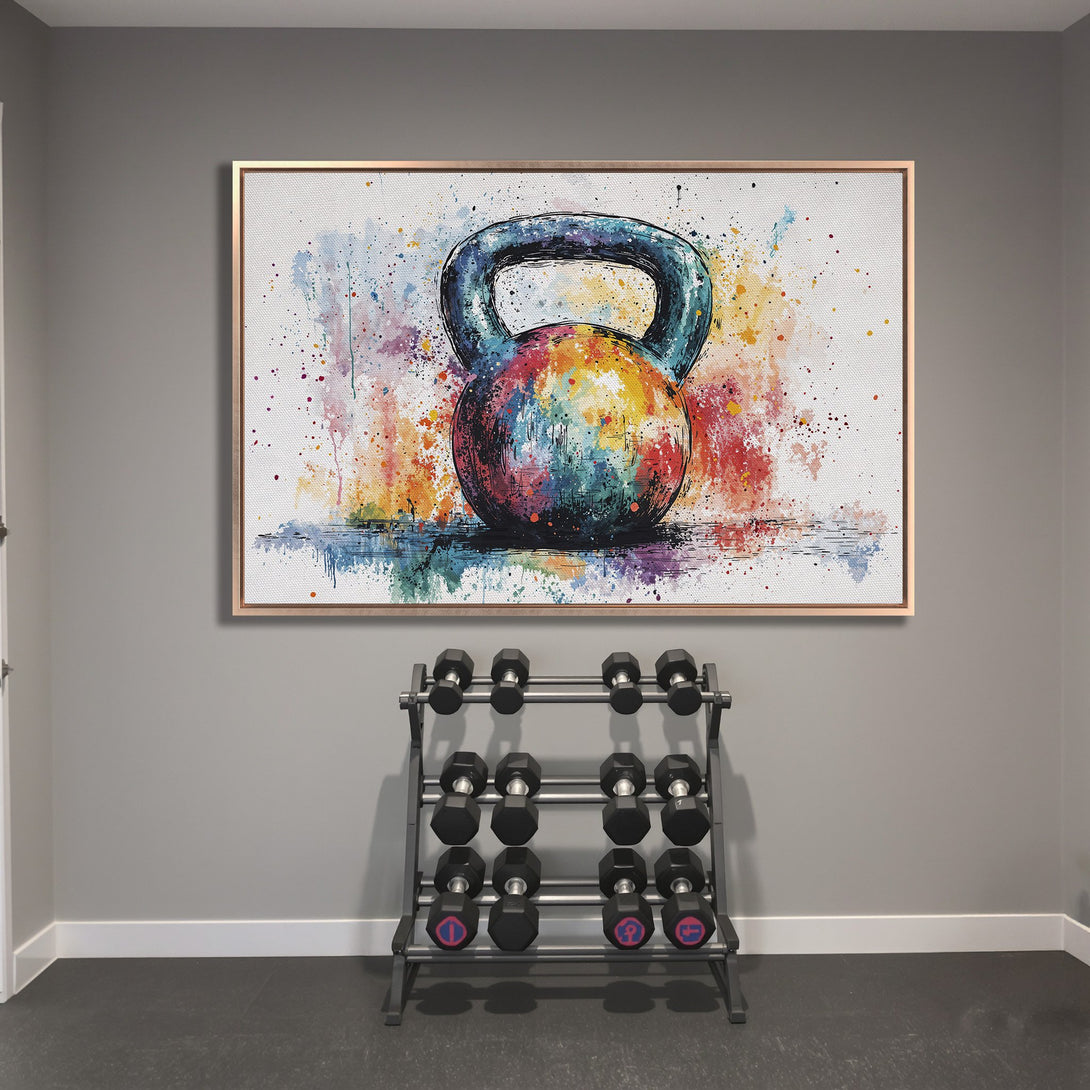 Framed Wall Art: Watercolor kettlebell in vibrant colors. Modern fitness decor with a splash of artistic flair. Perfect for home gyms and workout spaces.