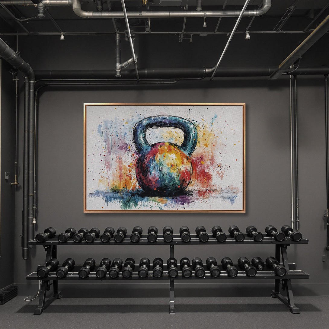 Framed Wall Art: Colorful watercolor kettlebell print. Modern fitness decor with vibrant rainbow hues. Perfect for gym or home workout spaces.