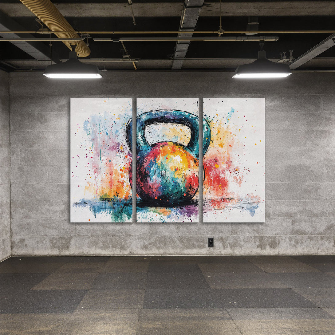 Canvas Print of a colorful watercolor kettlebell in a modern gym setting. Vibrant, abstract style with a rainbow color palette.