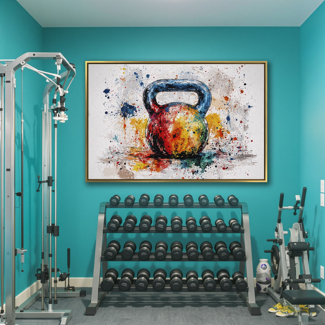 Canvas Print of a vibrant, watercolor-style kettlebell. Colorful abstract art in a gym setting. Perfect fitness wall decor!