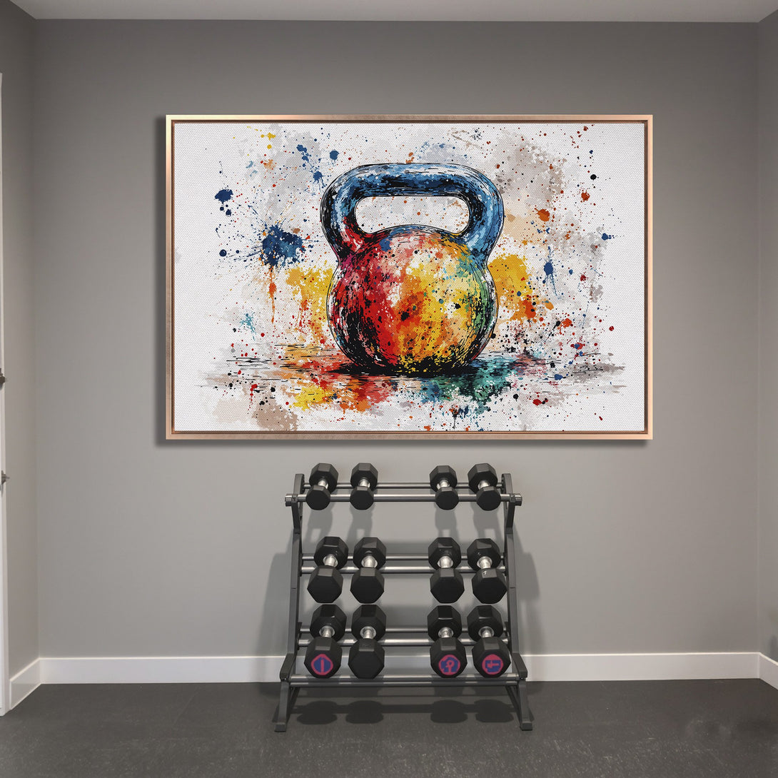 Framed Wall Art: Colorful kettlebell watercolor print, vibrant abstract art with a rainbow palette. Perfect gym decor!