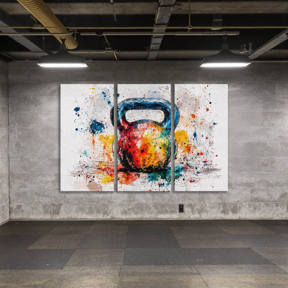 Abstract Canvas Print of a colorful kettlebell in a gym setting. Vibrant watercolor style with a bold, multi-color palette.