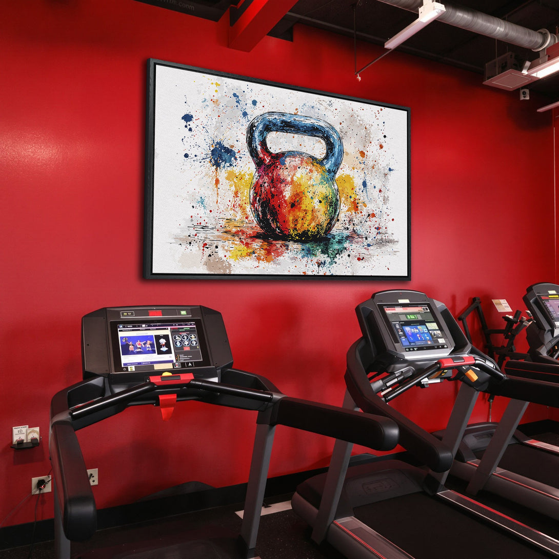Framed Wall Art: Colorful kettlebell in a gym. Abstract watercolor style with vibrant rainbow hues. Perfect for fitness enthusiasts, adding a pop of color.