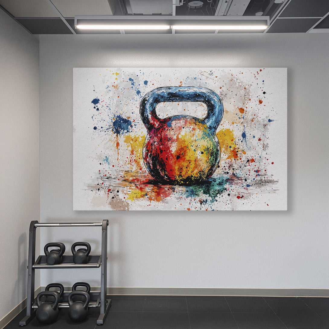 Framed Wall Art featuring a colorful watercolor kettlebell in a gym. Vibrant, abstract style with a rainbow palette against a teal wall.