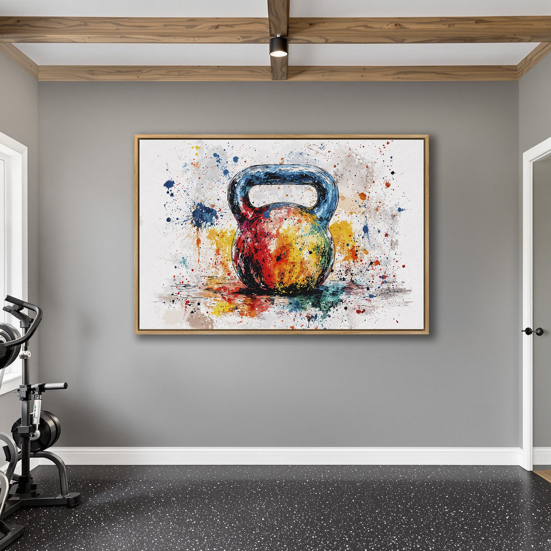 Framed Wall Art: Colorful watercolor kettlebell print. Modern fitness decor with vibrant reds, blues, and yellows. Perfect for gym or home workout space.