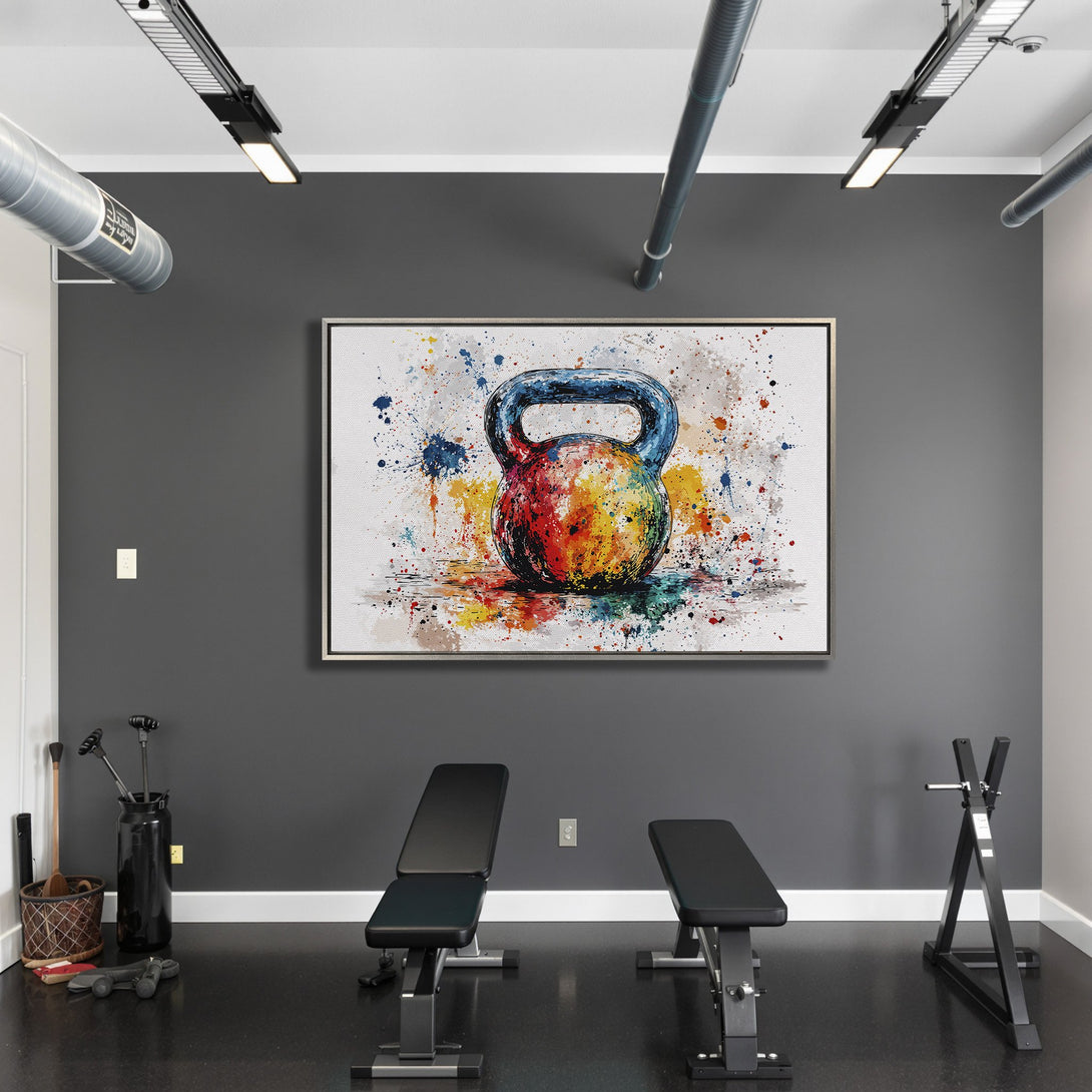 Framed Wall Art: Colorful watercolor kettlebell art print. Modern fitness decor with vibrant, abstract splashes of color. Perfect for gym or home workout space.