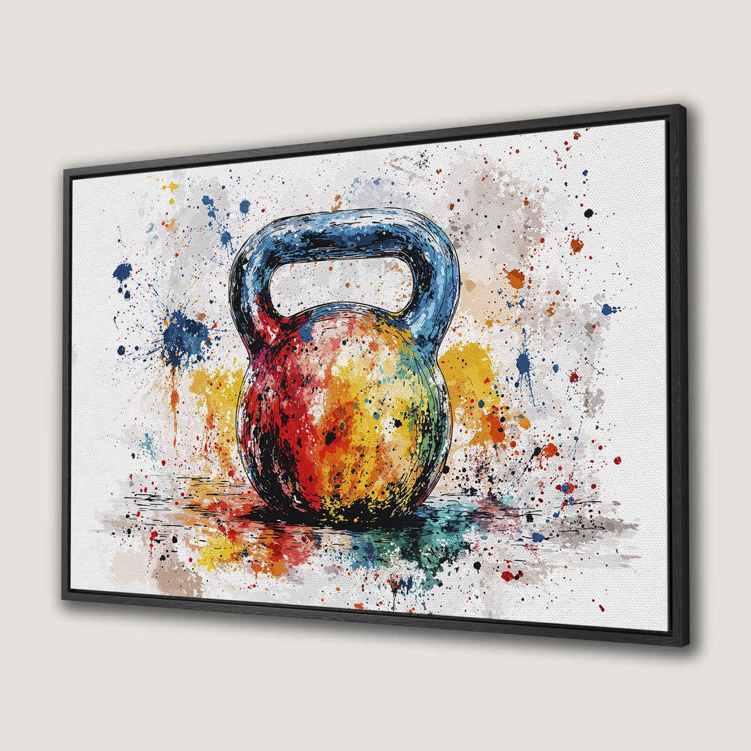 Framed Wall Art: Colorful watercolor kettlebell art. Vibrant rainbow hues splash against a white background. Perfect fitness decor for your home gym!