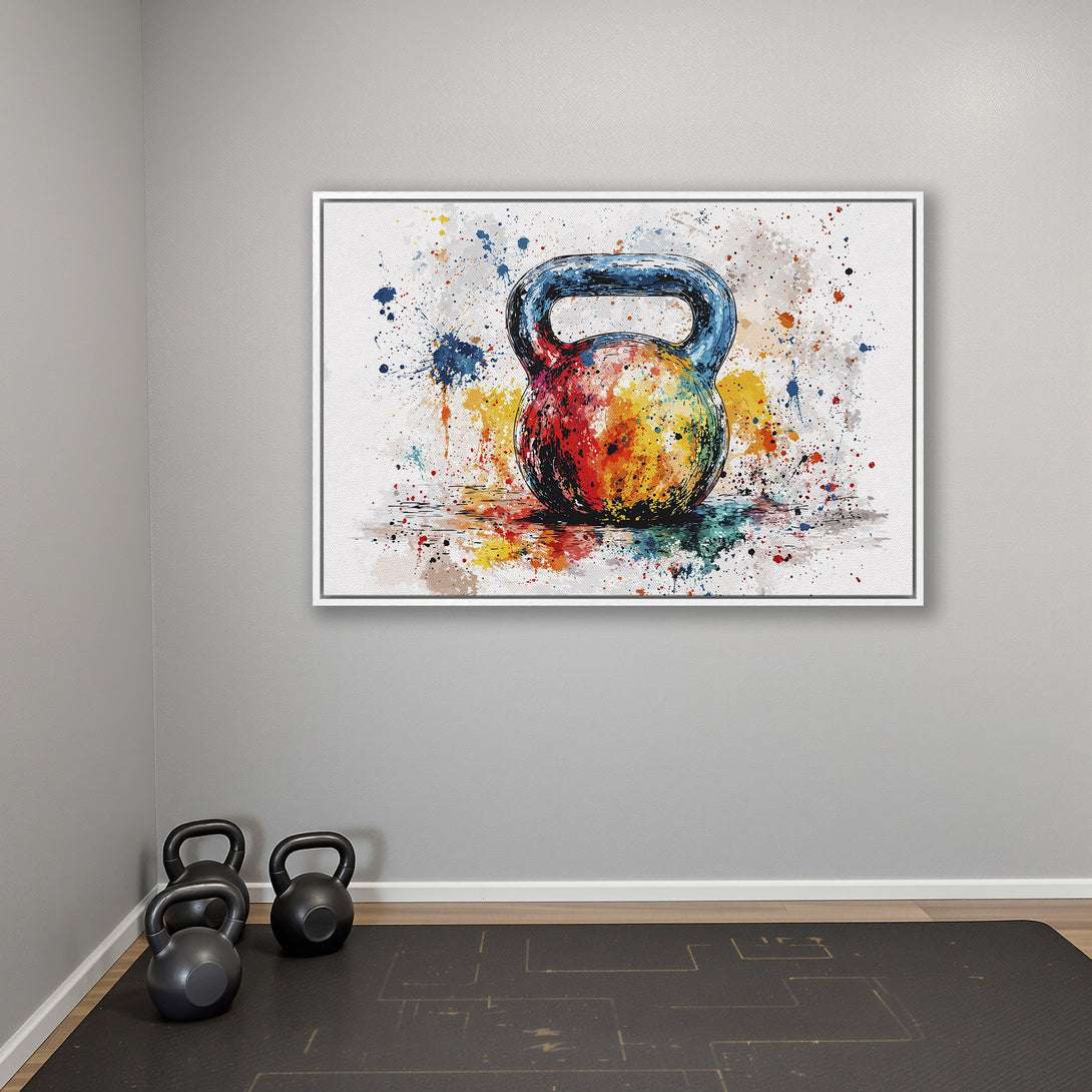 Framed Wall Art: Watercolor Canvas Print of a colorful kettlebell. Vibrant, abstract style with a multi-colored palette, perfect for gym decor.