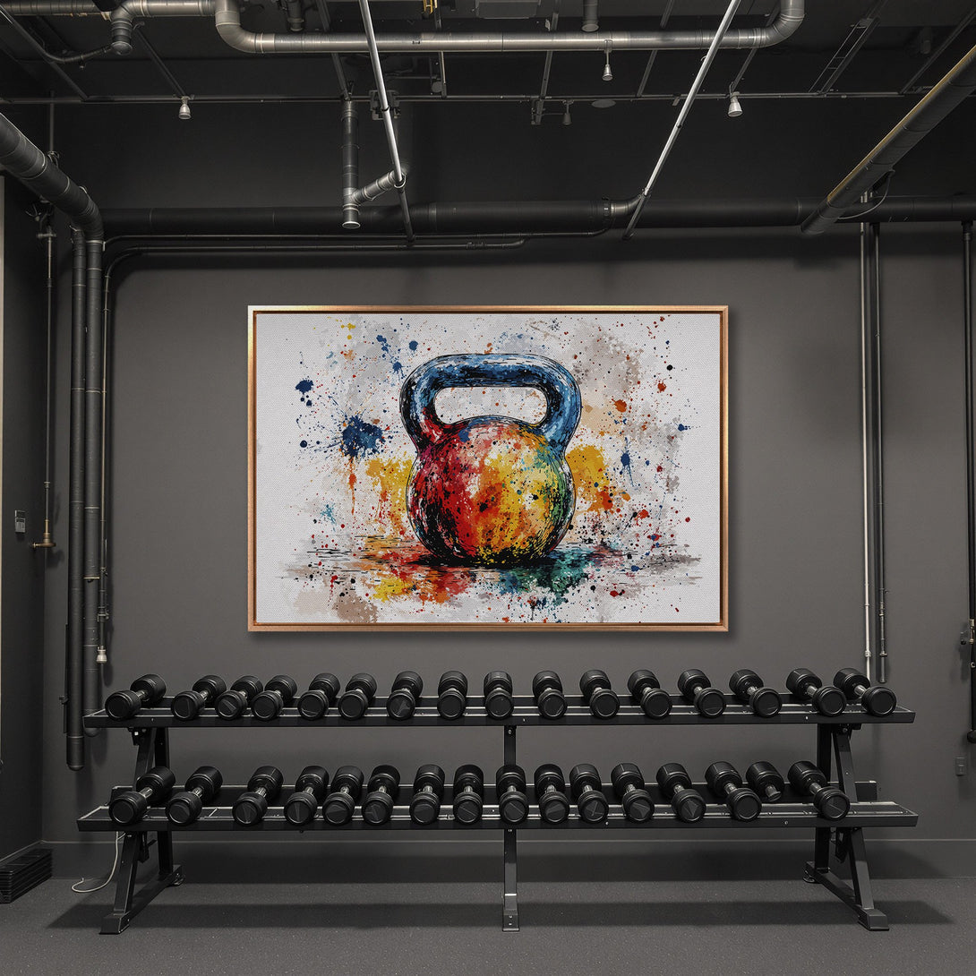 Framed Wall Art: Watercolor kettlebell print with a vibrant, colorful palette. Modern gym decor with a bold, artistic statement.