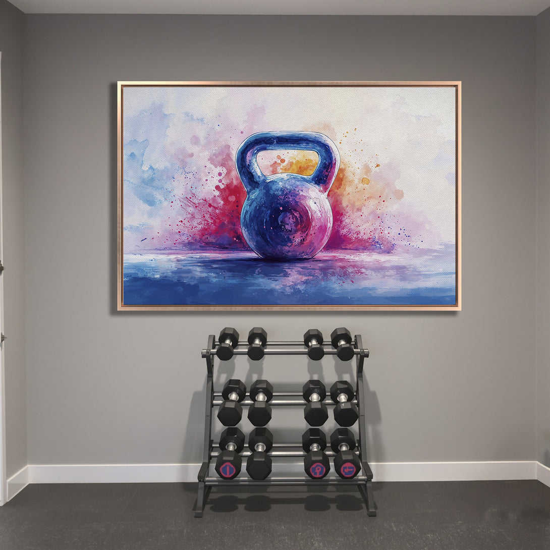Framed Wall Art: Abstract watercolor kettlebell art in blue, red, and orange. Perfect gym decor. Canvas Print for fitness enthusiasts.