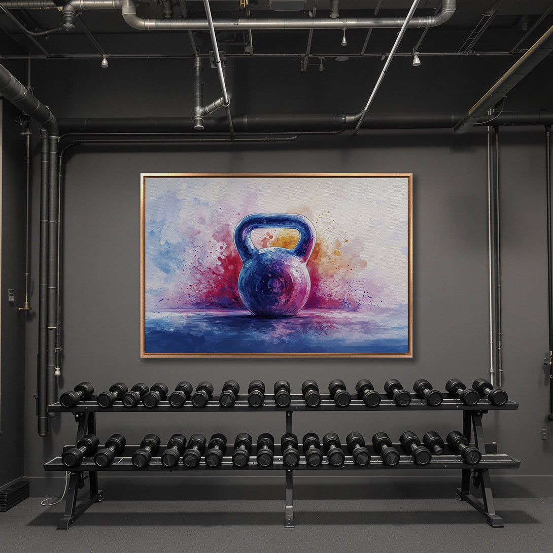 Framed Wall Art: Watercolor kettlebell art in a gym setting. Vibrant blues, purples, and reds pop against the neutral backdrop. Elevate your space with fitness-inspired art!