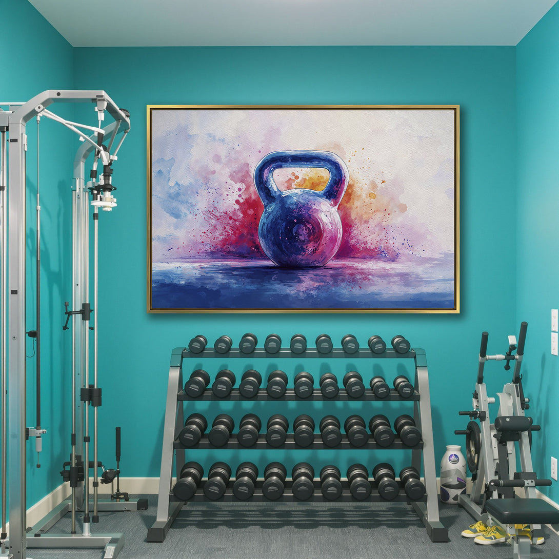 Canvas Print of a watercolor kettlebell in blue, pink, and purple. Modern fitness wall art for your home gym.