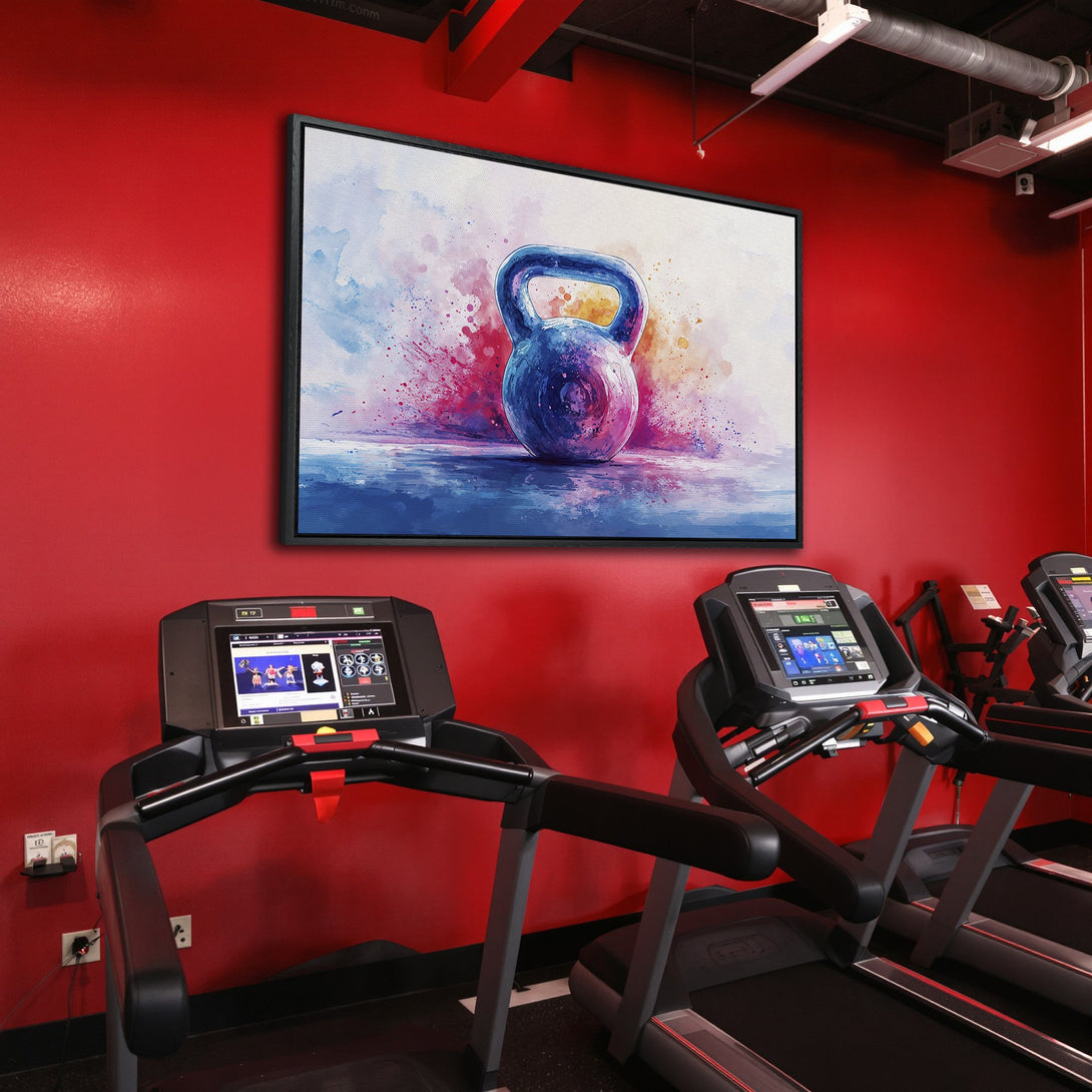 Framed Wall Art: Watercolor kettlebell art in a gym setting. Vibrant blue, purple, and red hues. Perfect fitness decor for your home gym or studio.