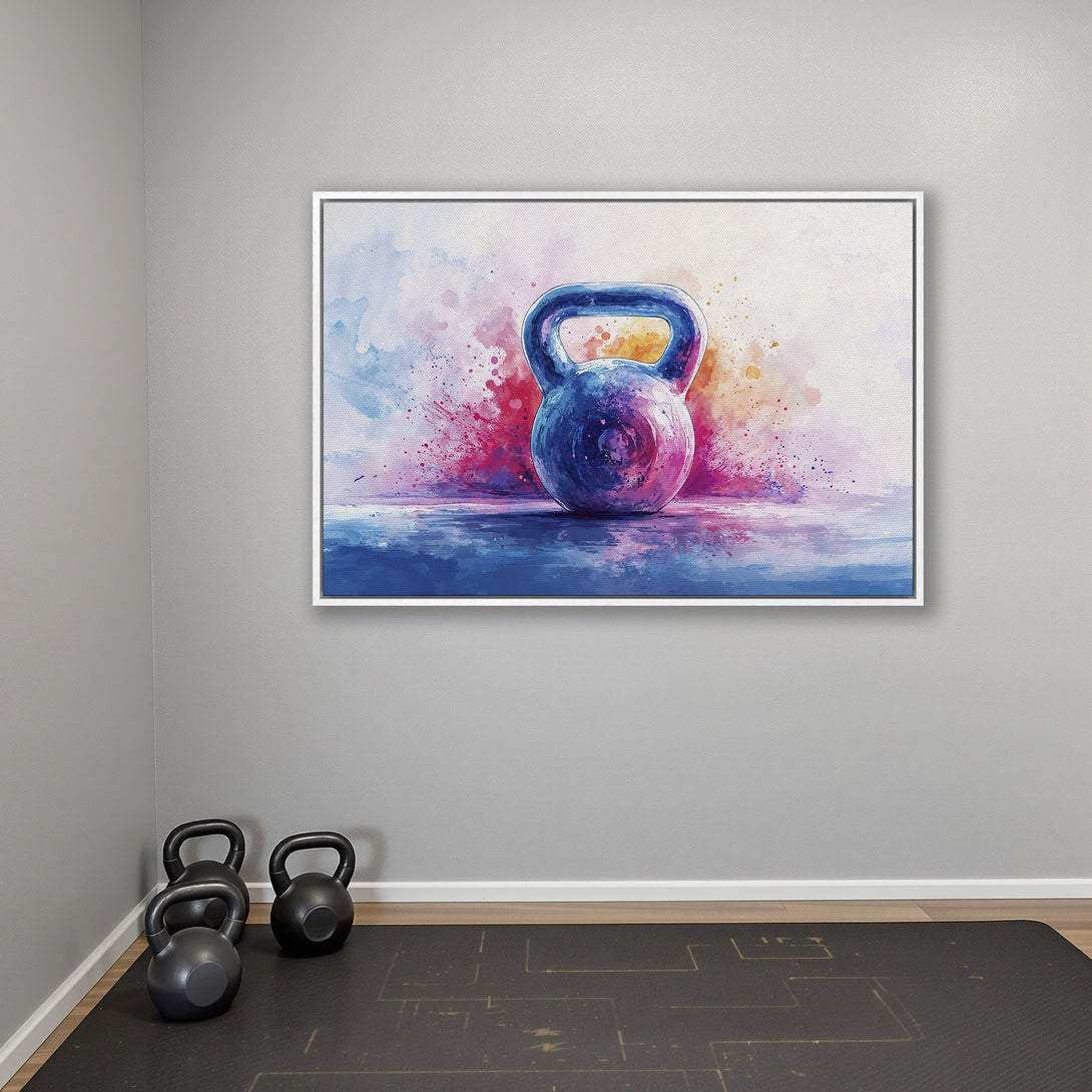 Framed Wall Art featuring a watercolor-style kettlebell in blue, purple, and pink hues. Perfect fitness decor for your home gym!