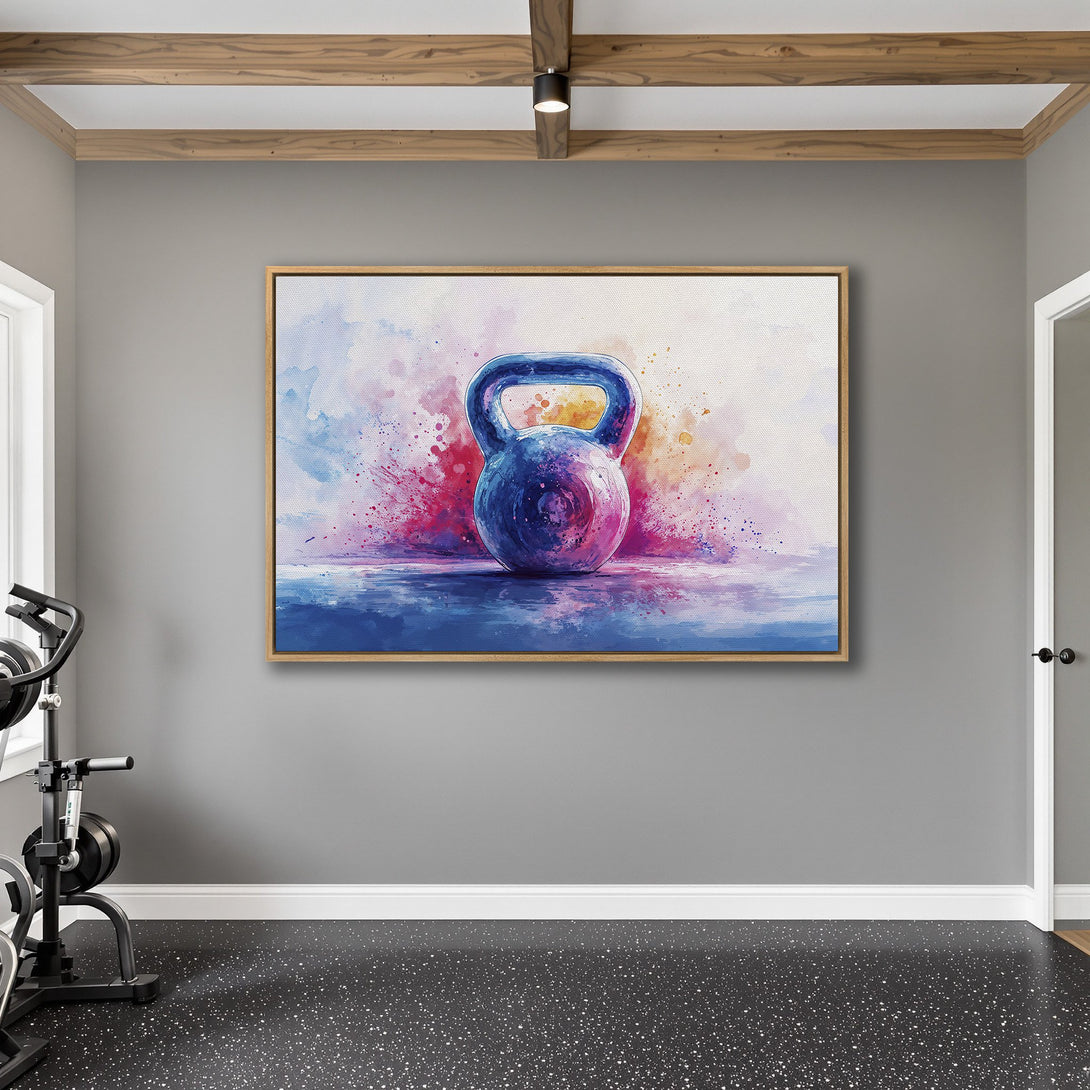 Framed Wall Art: Watercolor kettlebell art in a gym setting. Blue, pink, and purple color palette. Perfect for fitness enthusiasts!