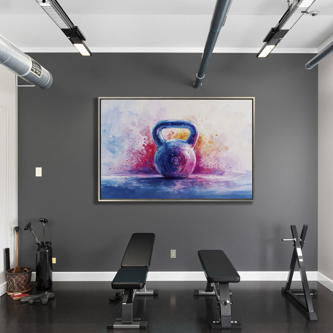 Framed Wall Art: Watercolor kettlebell art in a gym. Vibrant blues, purples, and pinks pop against a neutral background. Elevate your space with fitness-inspired decor!