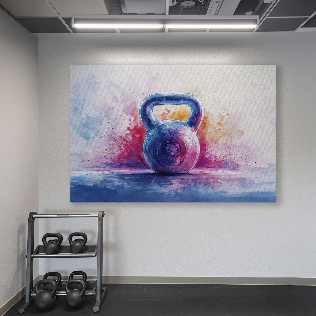 Framed Wall Art featuring a watercolor kettlebell in a gym setting. Vibrant blue, purple, and orange hues. Perfect for home gym decor!