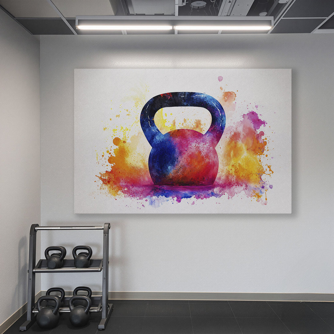 Framed Wall Art: Vibrant watercolor kettlebell print in a home gym. Colorful abstract art with blue, red, and yellow hues. Elevate your workout space!