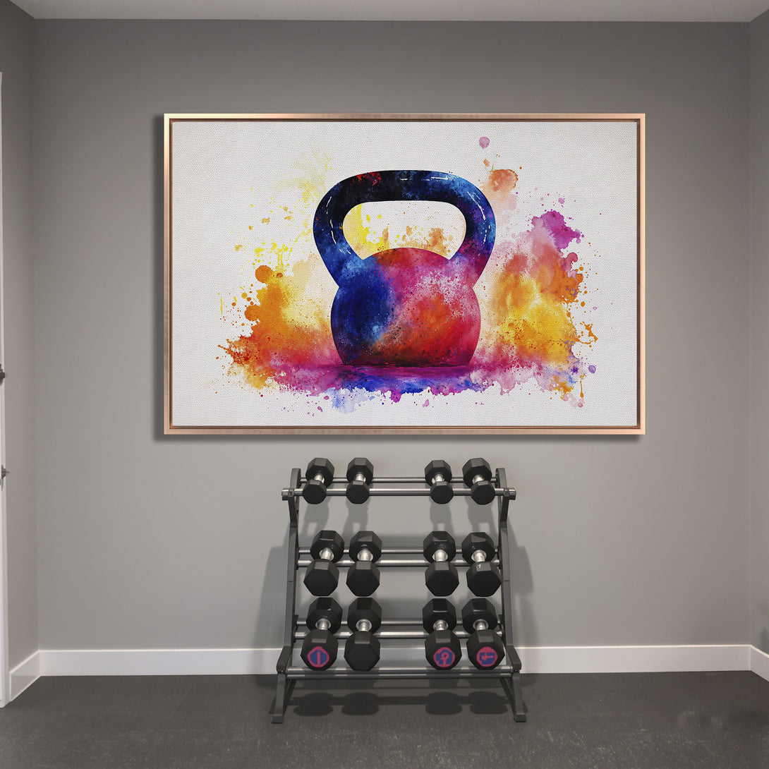 Framed Wall Art: Watercolor kettlebell art in vibrant blues, reds, and yellows. Perfect gym decor, adds a pop of color to any workout space.