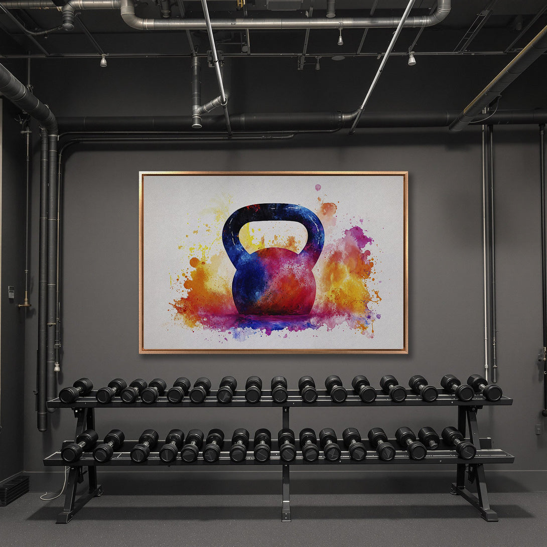 Framed Wall Art: Colorful watercolor kettlebell art print, vibrant blues, reds, and yellows. Perfect gym decor. Elevate your space with this fitness-inspired canvas.