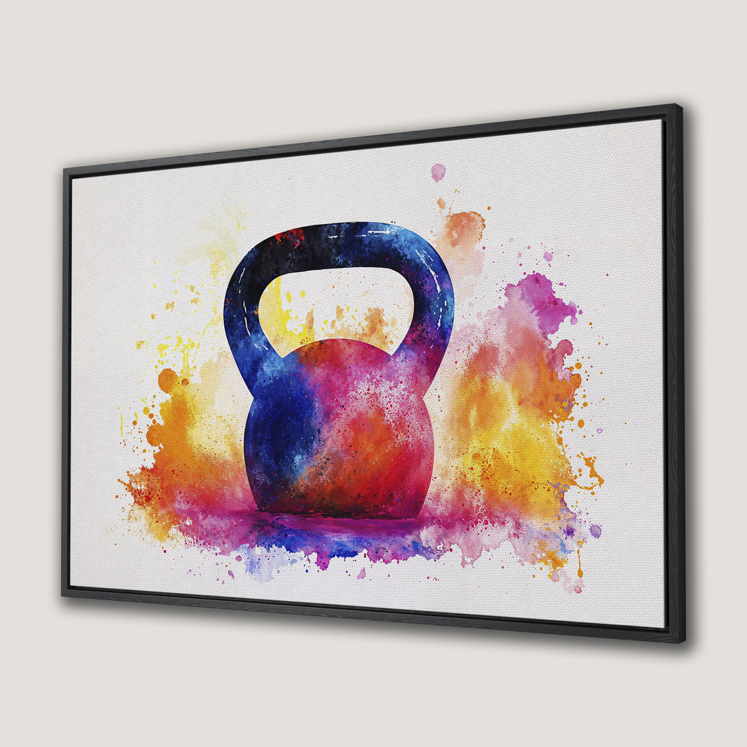 Framed Wall Art: Watercolor kettlebell print in vibrant blues, reds, and yellows. Perfect fitness decor to brighten your home gym or living space.