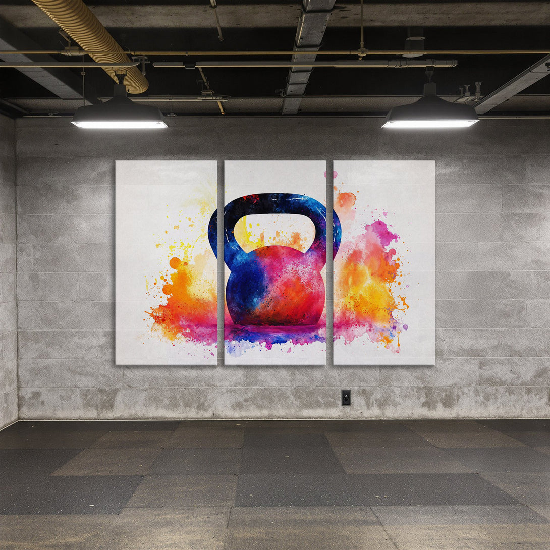 Canvas Print of a colorful watercolor kettlebell. Modern wall art with vibrant blues, reds, and yellows. Perfect for gym decor.