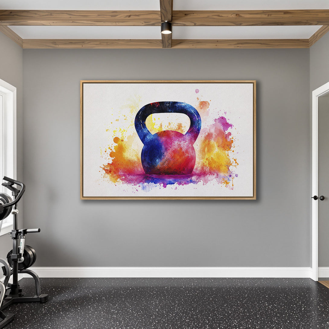 Framed Wall Art: Colorful watercolor kettlebell print. Vibrant blues, reds, and yellows. Perfect gym decor. Elevate your space with this stunning canvas print!