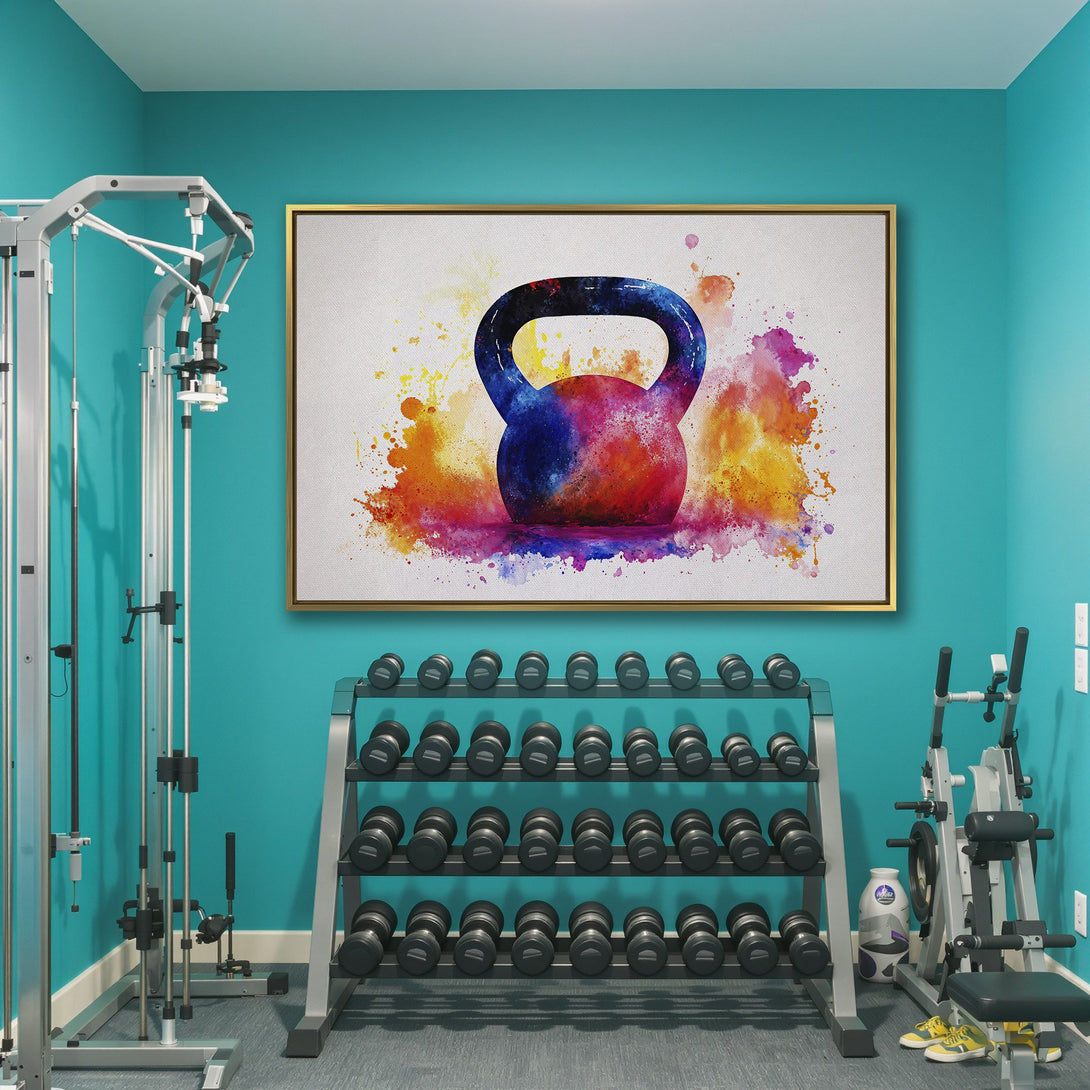 Canvas Print featuring a watercolor kettlebell in vibrant blues, oranges, and pinks. Modern wall art for your home gym.