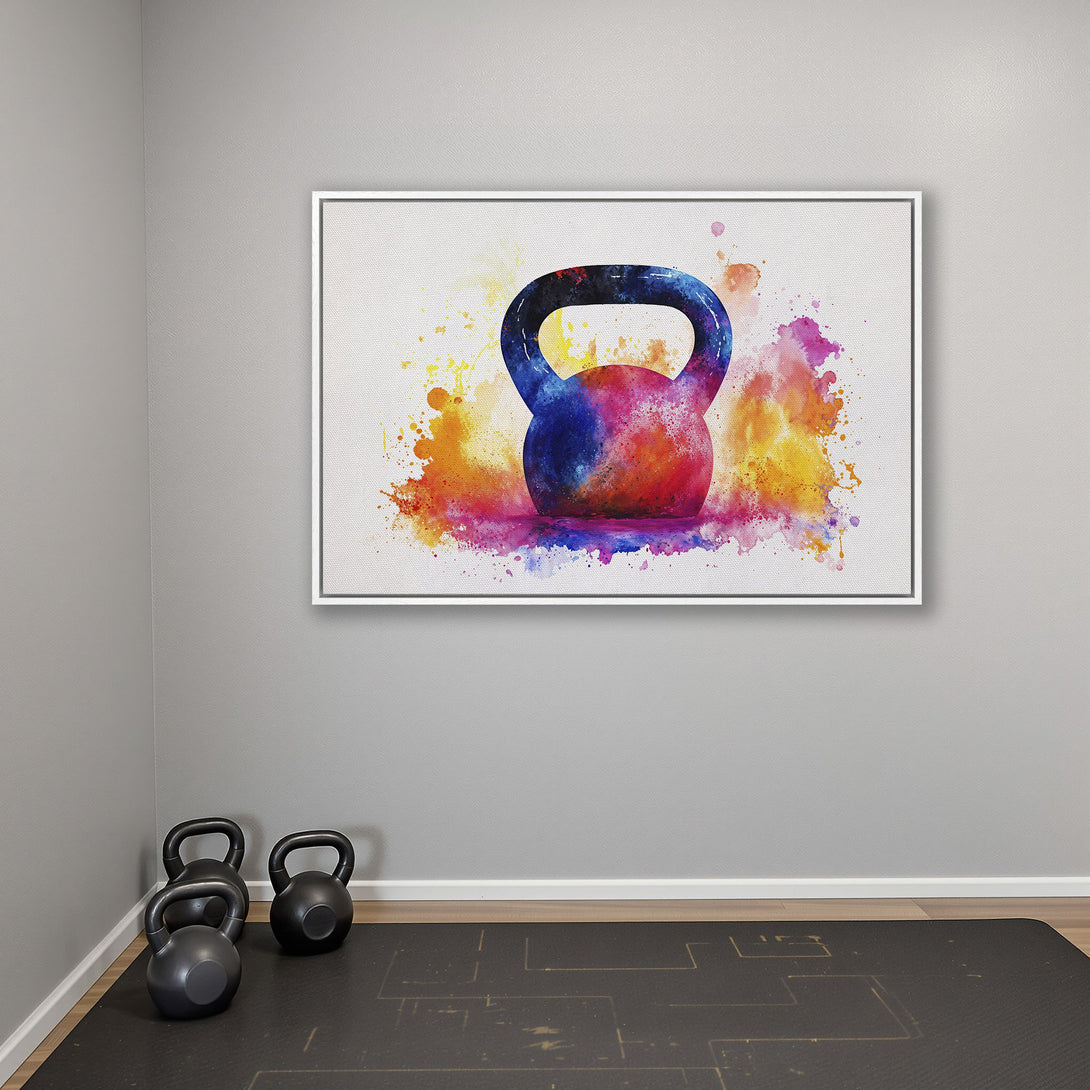 Framed Wall Art: Watercolor kettlebell in vibrant blues, reds, and yellows. Modern fitness decor for your home gym.