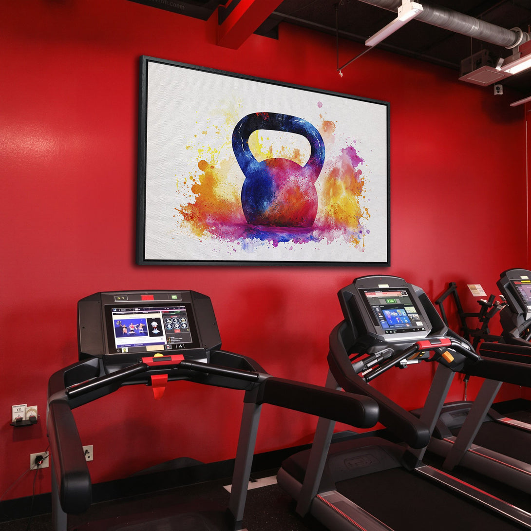 Framed Wall Art: Watercolor kettlebell art in a gym setting. Vibrant, colorful canvas print adds a pop of energy to any space. Perfect for fitness enthusiasts!