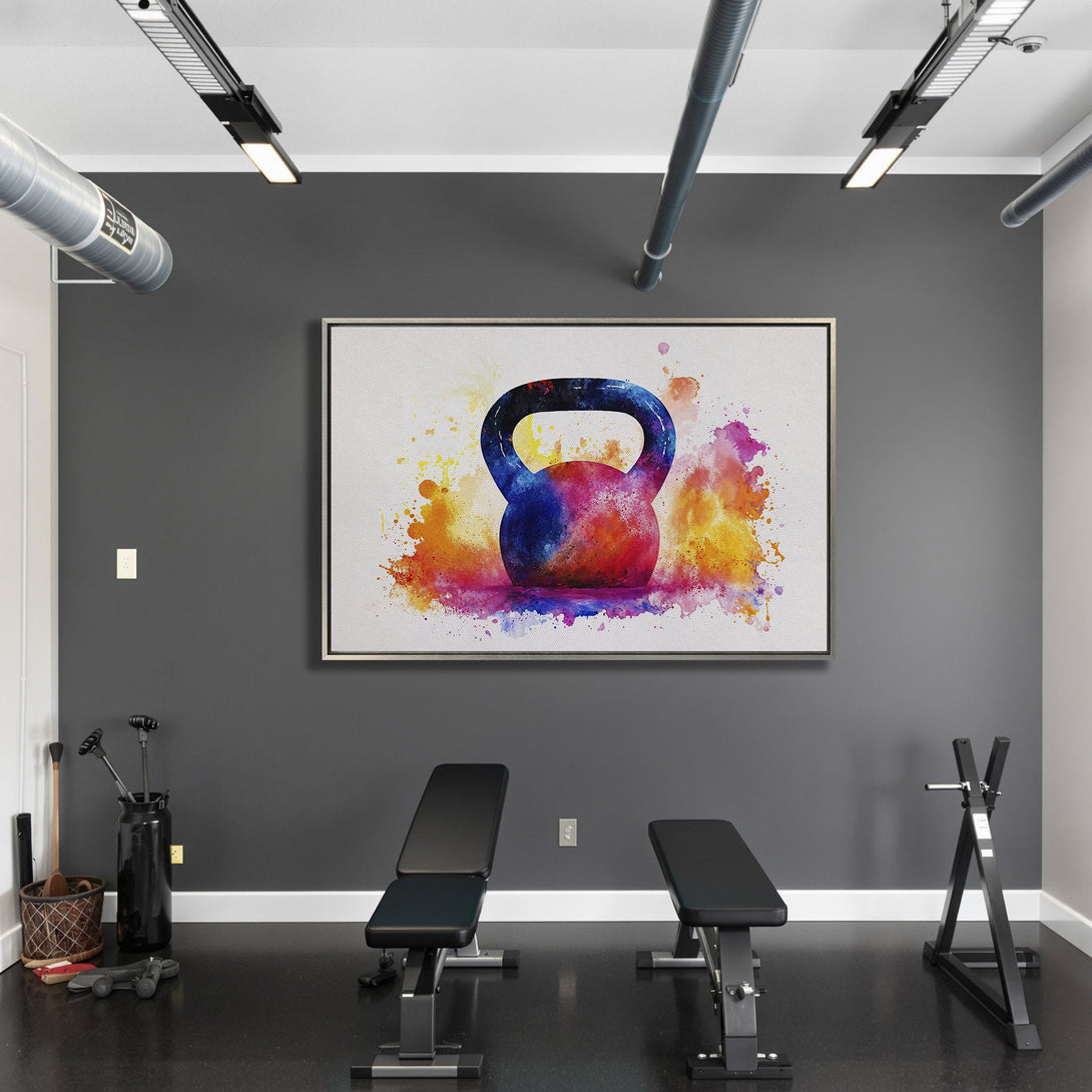 Framed Wall Art: Watercolor kettlebell in a gym setting. Vibrant, colorful artwork with a modern aesthetic. Perfect for home or commercial fitness spaces.
