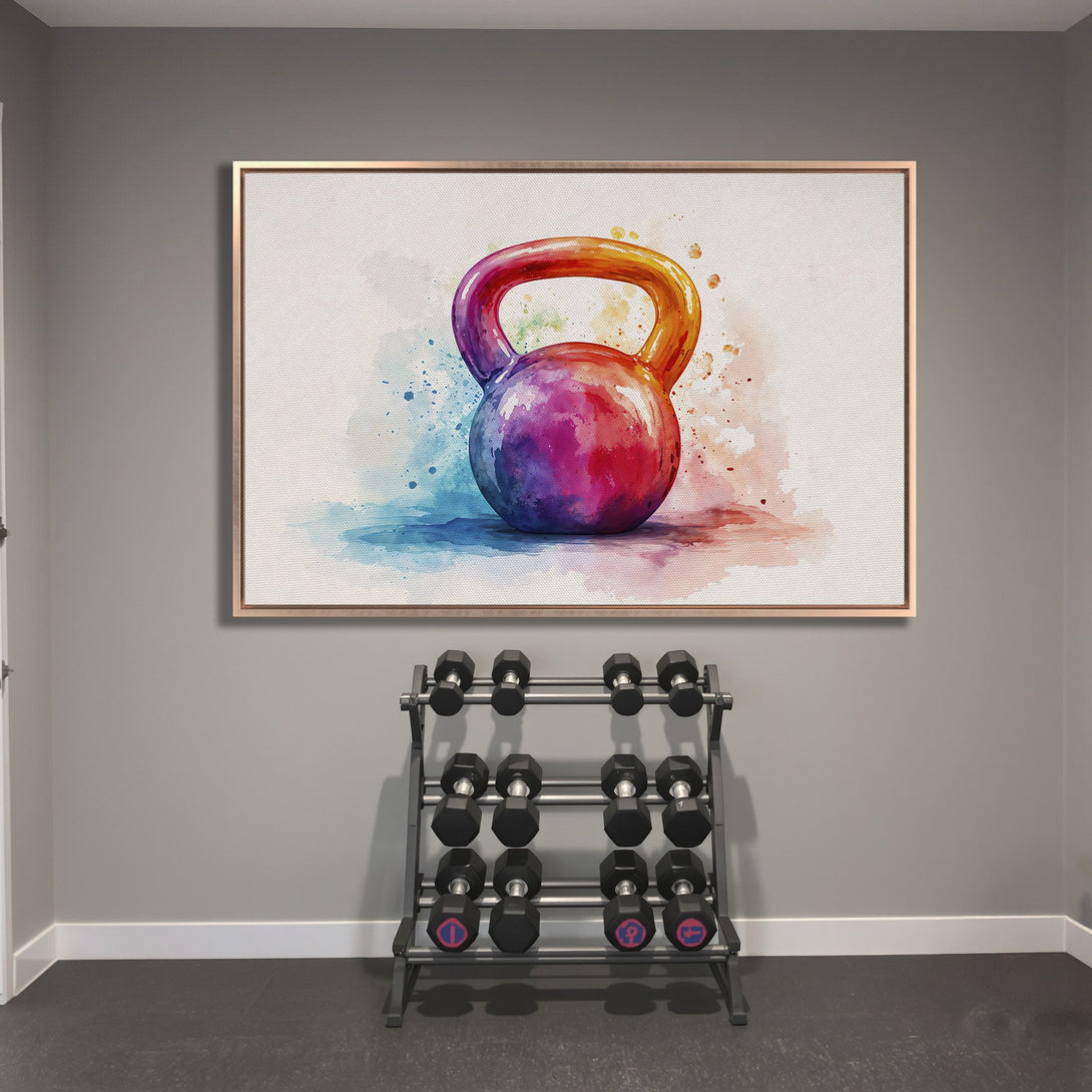 Framed Wall Art: Watercolor kettlebell canvas print with vibrant rainbow colors. Perfect for home gyms or fitness studios.