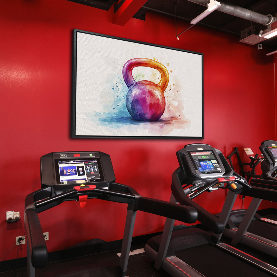 Framed Wall Art: Watercolor kettlebell art in a gym. Vibrant, colorful canvas print perfect for fitness enthusiasts. Add art to your workout space!