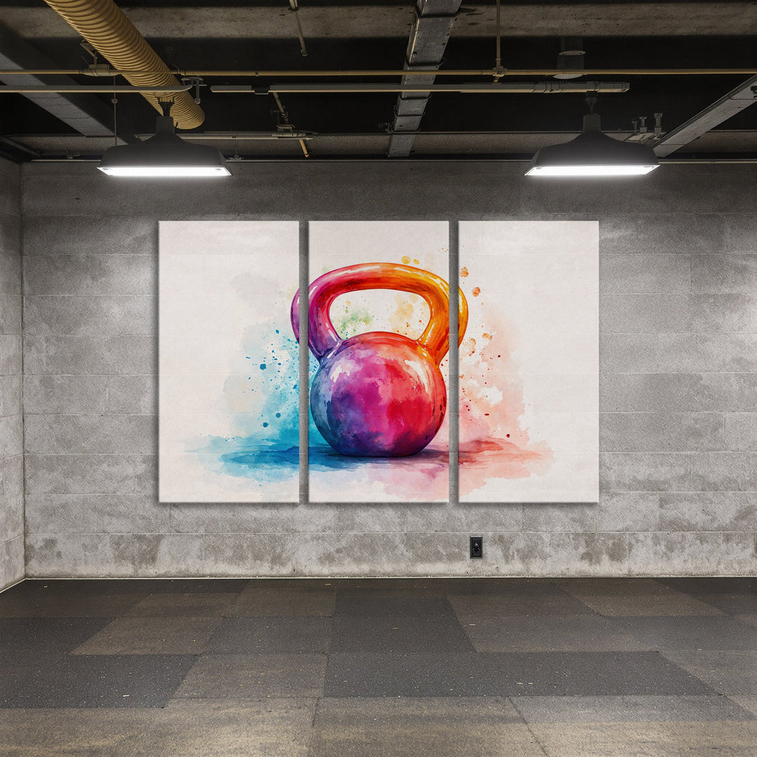 Vibrant watercolor Canvas Print of a kettlebell. Modern fitness art with a colorful, artistic style. Perfect for gym decor.