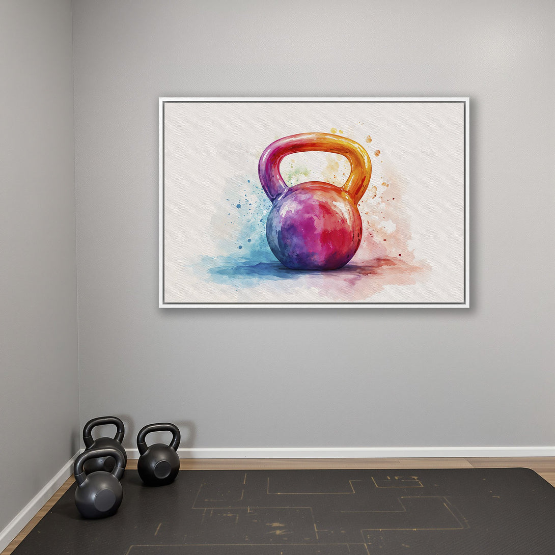 Framed Wall Art: Watercolor kettlebell print in vibrant colors. Perfect for home gyms! Add a pop of color with this stunning fitness-themed canvas.