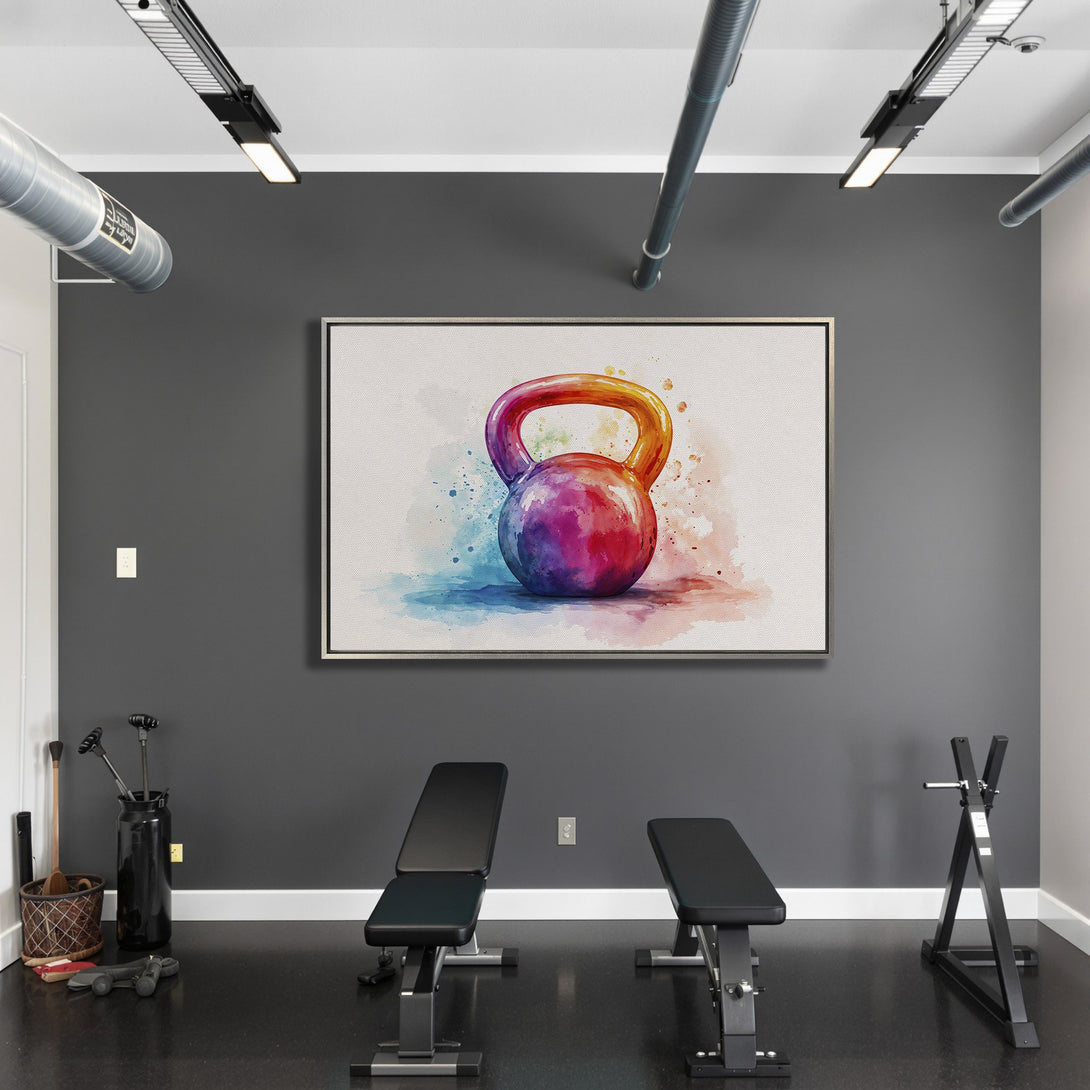 Framed Wall Art: Watercolor kettlebell print in a gym. Colorful, artistic design with a vibrant rainbow palette. Perfect motivational decor for fitness enthusiasts.