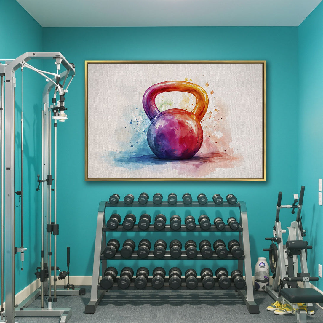 Watercolor Canvas Print of a colorful kettlebell. Vibrant rainbow hues add a pop of art to your gym or home fitness space.