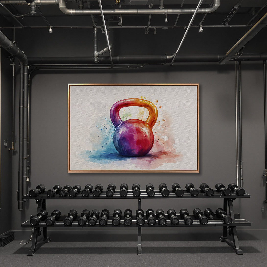 Framed Wall Art: Watercolor kettlebell print in a gym. Vibrant rainbow colors pop against a neutral background. Perfect fitness decor for your home gym!
