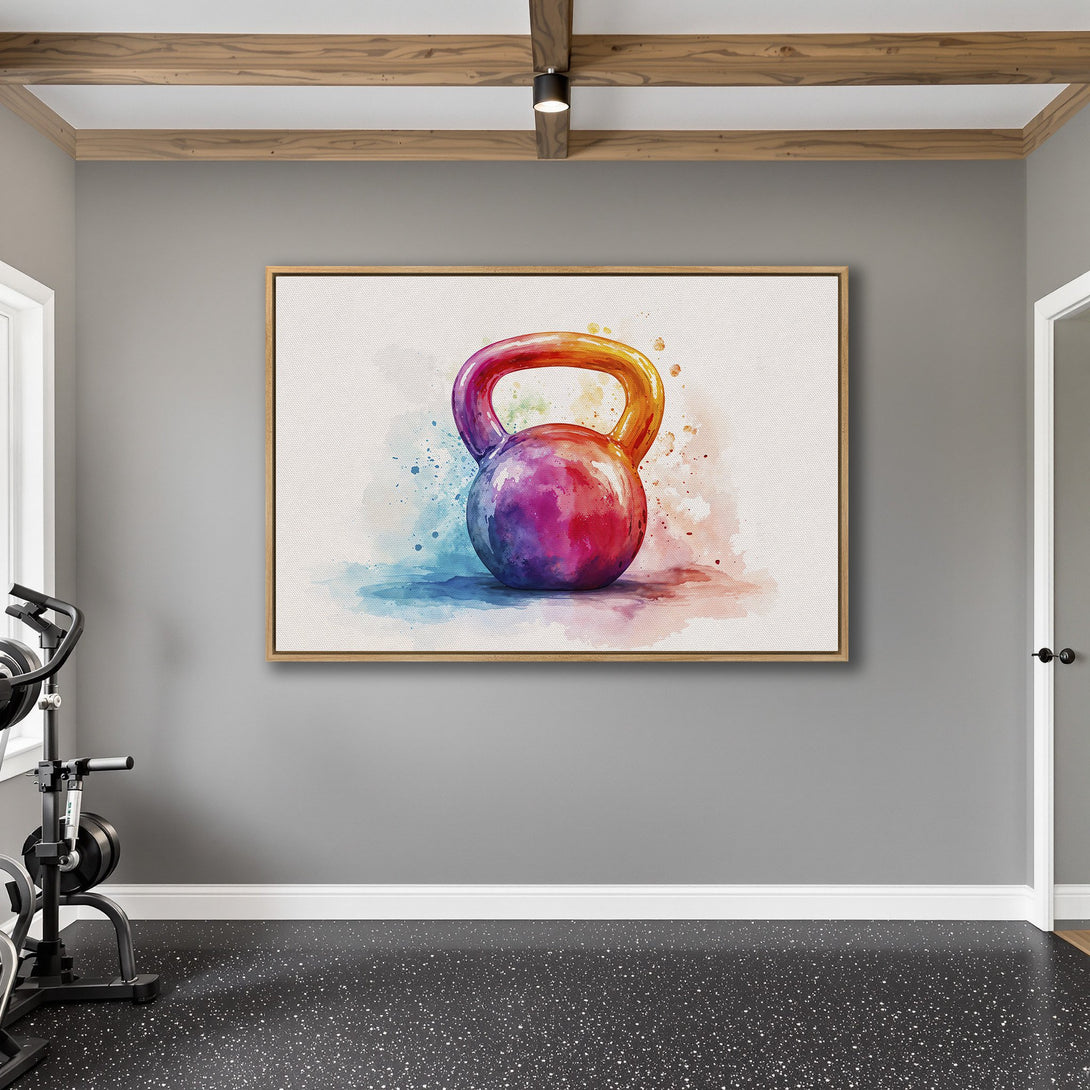 Framed Wall Art: Watercolor kettlebell in a gym setting. Vibrant rainbow colors on a canvas print, perfect for home fitness decor.