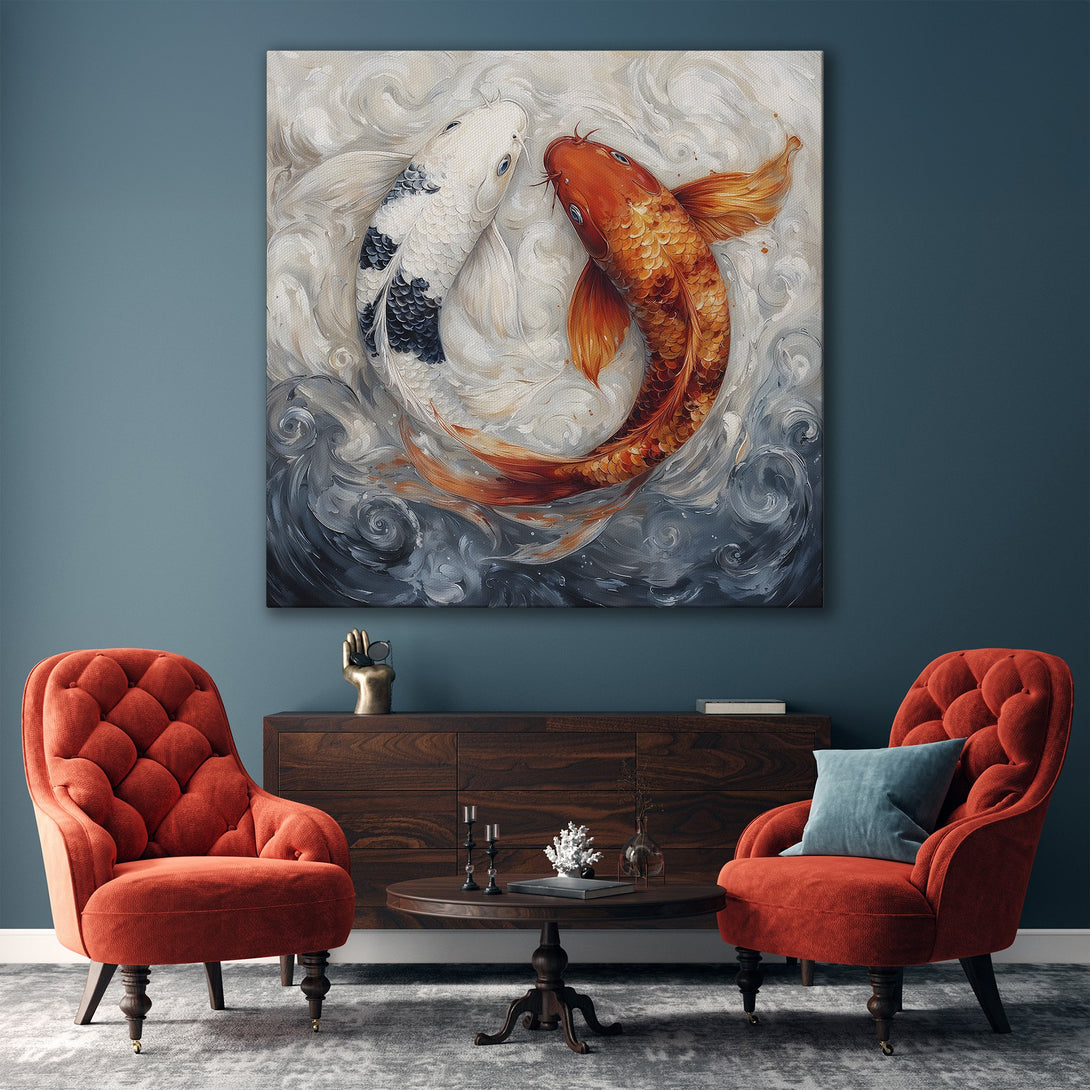 Framed Wall Art featuring koi fish in shades of orange, white, and blue. Modern art print perfect for living room decor.